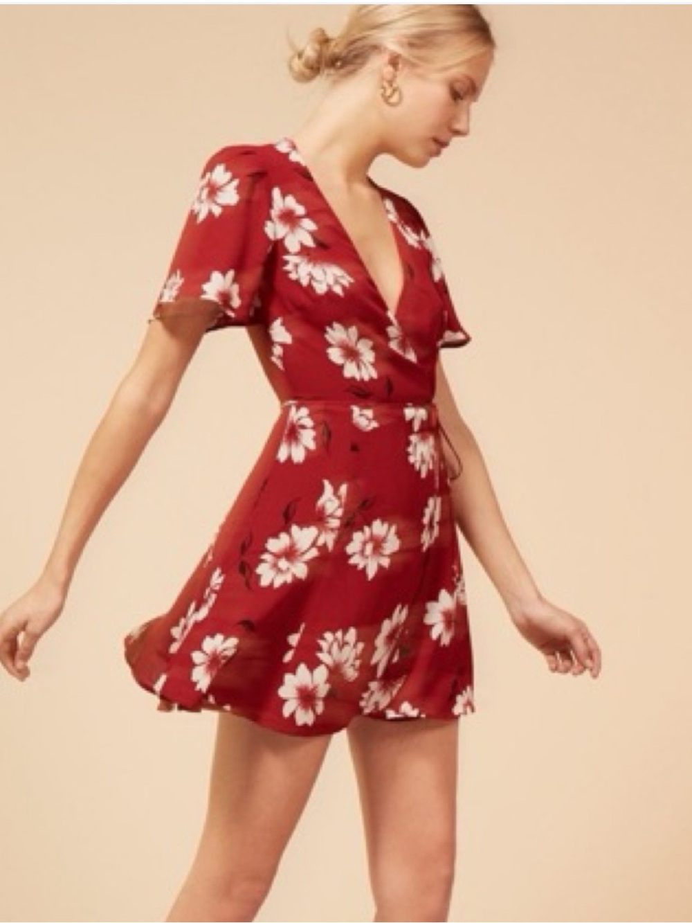 Reformation Adele Red Floral Wrap Mini Dress in Floral Freddie Print